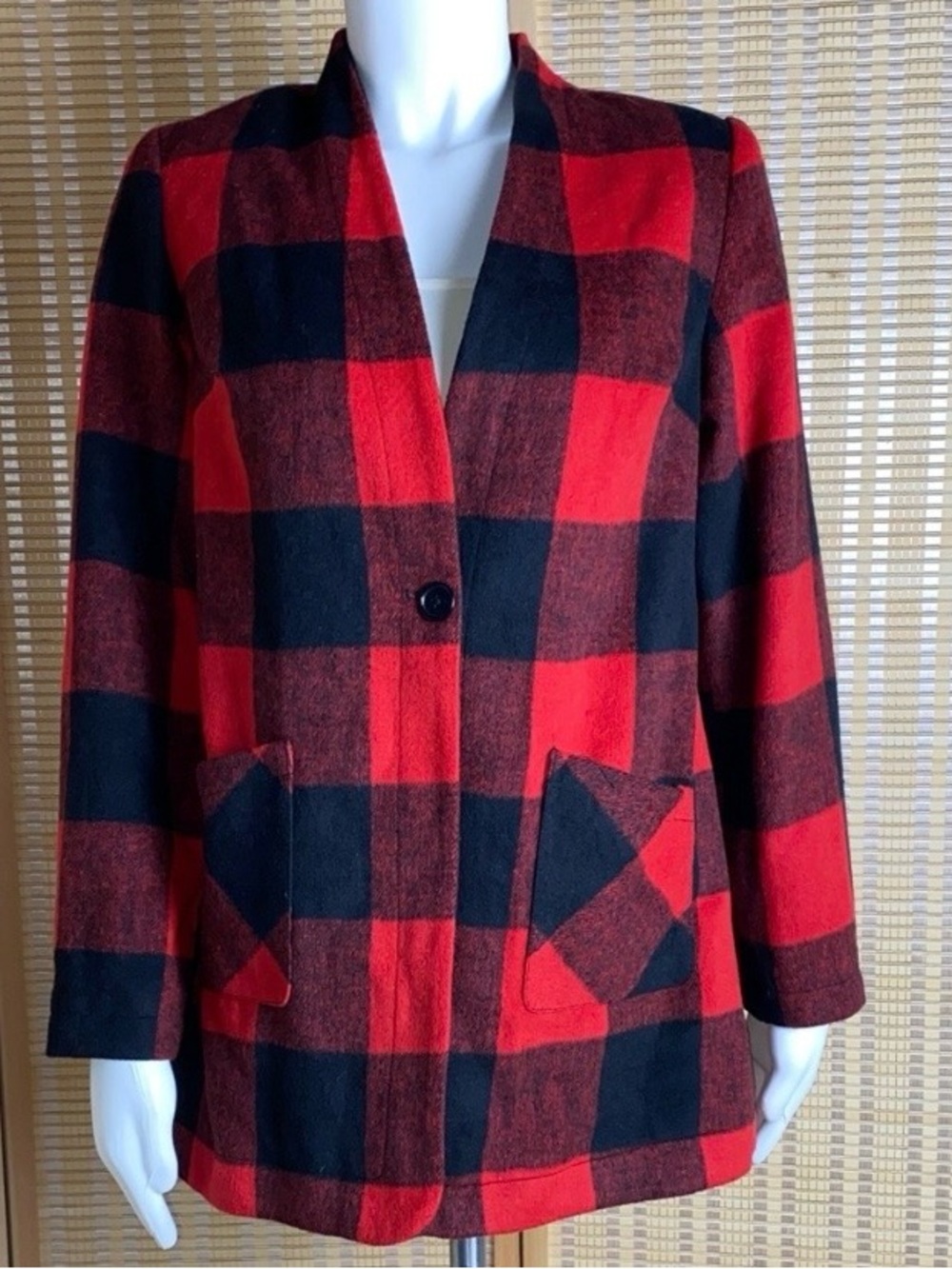 Denim & Co. Single Button Red & Black Buffalo Plaid Relaxed Long Jacket Size XXS